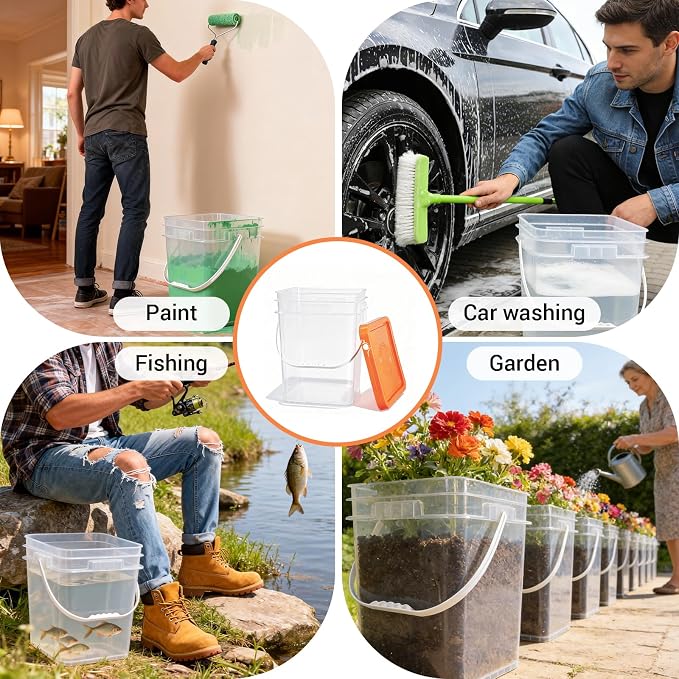 4 Pack 6.6 Gallon Square Plastic Bucket with Orange Lids, Heavy Duty Storage Containers with Handle, Large Clear Plastic Pail for Paint, Cleaning and Industrial Use, BPA Free