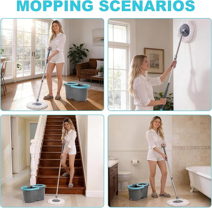 JOYMOOP Spin Mop and Bucket, 360° Mop Head & Telescopic Handle, Wet and Dry Use, 4 Reusable Microfiber Refills, Hands-Free Cleaning for Hardwood, Tile, Laminate Floors & Walls
