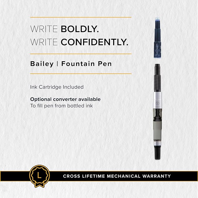 Cross Bailey Refillable Fountain Pen, Medium Nib Gift Set, Includes Fountain Pen, Ink Cartridges, Bottle Ink, Converter, Premium Gift Box - Black