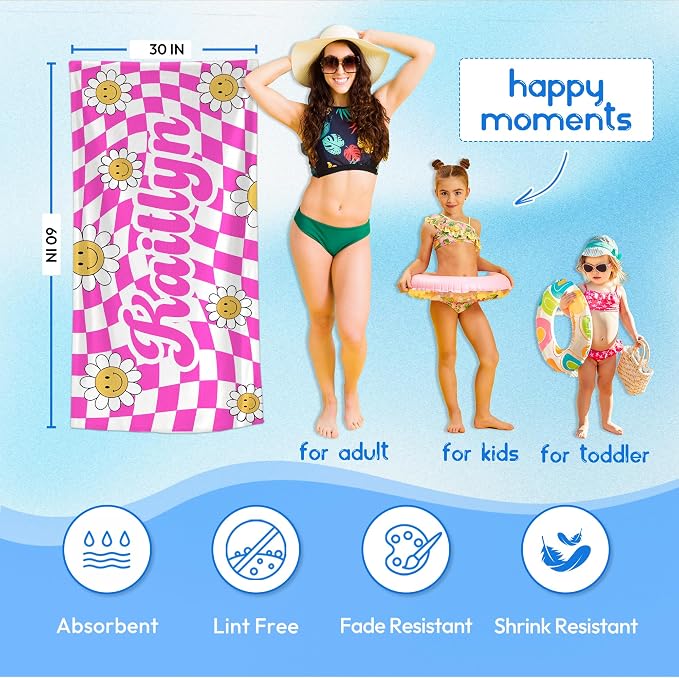 JML Personalized Beach Towel with Name, Custom Flower Beach Towel, Customized Microfiber Pool Towel, Quick Dry & Absorbent Swim Towel for Adult,Anniversary, Birthday, Summer Holiday,Vacation