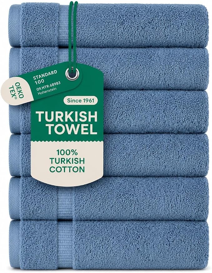 SALBAKOS 6-Piece 100% Turkish Cotton Hand Towels, 16x30 inch, Blue | Large Size Thick Super Soft Highly Absorbent, Versatile Hair Face & Hand Drying Towel, Premium Hotel Quality Made in Turkey