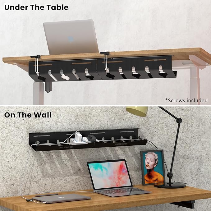 UNITEDPOWER Cable Management Tray, 2-Pack Metal Power Strip Holder for Under Desk Wire Cord Organizer, Office/Home，Black