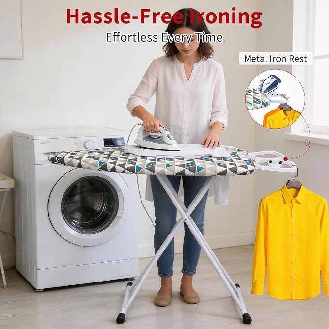 Ironing Board, 48"×18" with Iron Rest, 7 Adjustable Height 4 Layer & Sturdy | Extra Large Iron Board with Bulit-in Hook, Heat Resistant Cover and Pad for Home Apartment Dorm Laundry Room, Gray Green