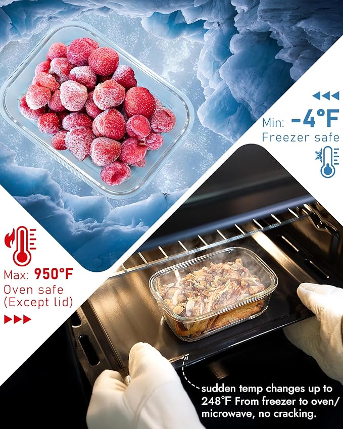 12-Pack Glass Containers with Tempered Lids – Borosilicate, Oven-Safe(-4°F~950°F), Airtight, BPA-Free, Multi-Size for Meal Prep, Dishwasher Safe, 1.6 cups to 6.4 cups (Pink)