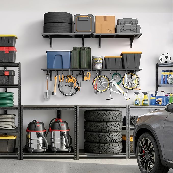 Jusgym 4-Pack 2x3ft Garage Shelving Wall Mounted, 2' x 3' Heavy Duty Garage Storage Shelves with Hooks, 1000LB Capacity