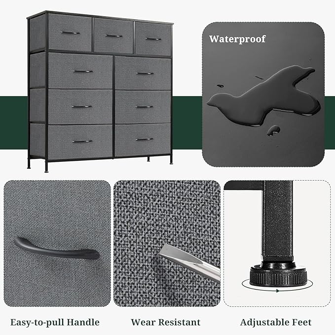 9-Drawer Dresser for Bedroom, Anti-Tip Tall Storage Organizer Chest of Drawers with Wooden Top and Metal Frame Fabric Bins for Closet, Living Room, Hallway, Entryway, Gray