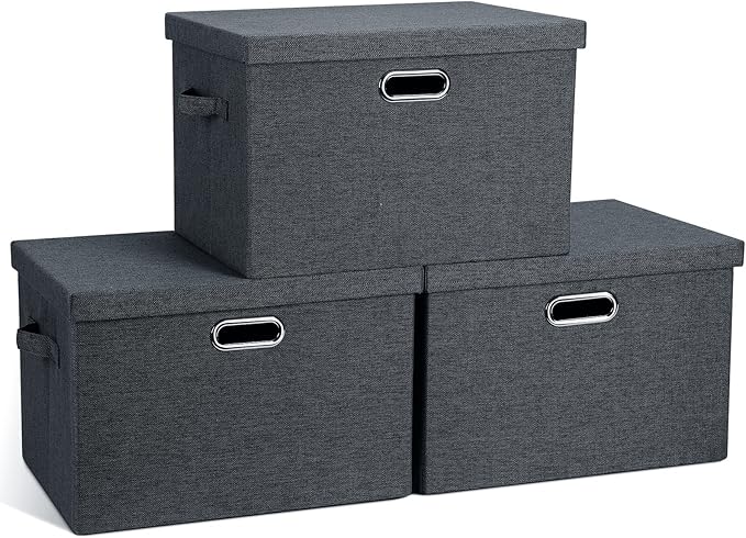 Graciadeco Large 17" 36 Quart Collapsible Stackable Storage Bins with Lids, 3 Packs Dark Gray Foldable Fabric Closet Storage Boxes with Lids, Heavy-duty Linen Cube Baskets(17x12x11)