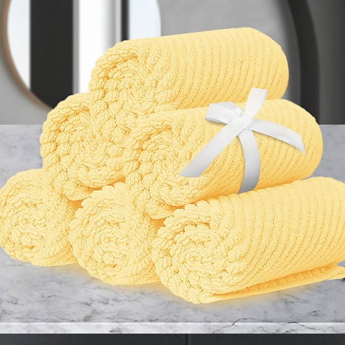 VOOVA & MOVAS Washcloths 6PC, 100% Cotton, 13x13 in, Yellow | Thick, Quick Dry, Soft, Absorbent, Fluffy Hand Towels, Hotel Wash Cloths, Towel Gift Set