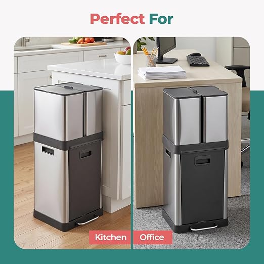 HOLDN’ STORAGE 32L Triple-Compartment Trash & Recycling Bin for Kitchen, 2 Removable Hook-On Bins, Multi-Access Opening, Odor Control, Stainless Steel, 3 Trash Bag Rolls Included