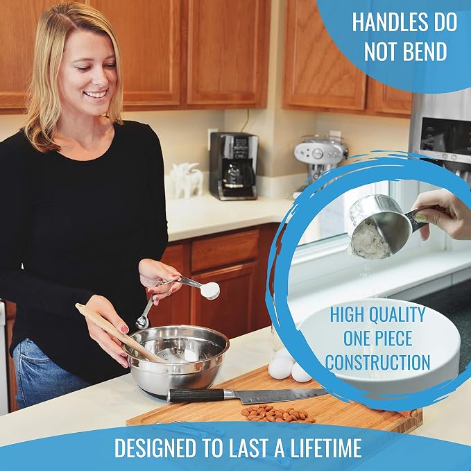 KPKitchen Stainless Steel Measuring Cups and Spoons Set of 16 and 4-Piece Liquid Measuring Cups Set - 7 Cup and 7 Spoon Metal Measure Sets - Includes Mini Ounce, 1, 2 and 4 Plastic Measuring Cup Sizes