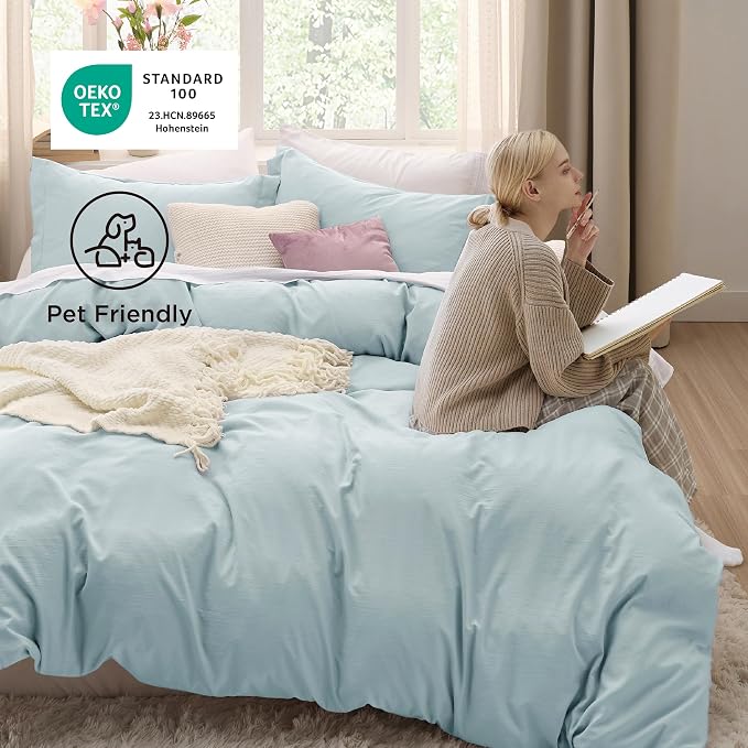 Bedsure Baby Blue Duvet Cover Queen Size - 3 Pieces Prewashed Cotton-Like Polyester Extra Soft Bedding Set, Includes 1 Duvet Cover 90x90 Inches with Zipper Closure & 2 Pillow Shams, No Comforter