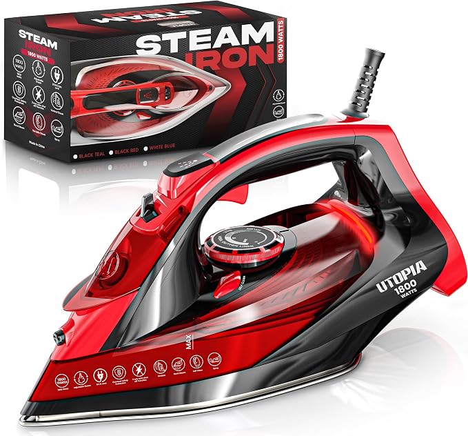 Utopia Home Steam Clothes Iron - 1800W (Black Red) Non-Stick Soleplate | Nonstick Soleplate With Auto-Off Safety Feature - Adjustable Thermostat Control, Variable Steam Control, Self-Clean, 8ft Cord
