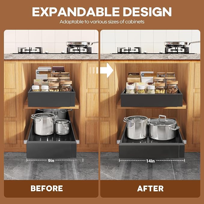 Seinloes 2 Pack Expandable Pull Out Cabinet Organizer 21" Deep with Raising Pad for Framed Cabinets,Upgrade 3 Slide Rails Slide Out Drawers,Roll Out Shelves Adhesive,Adjustable Width 9"-14.1" Black