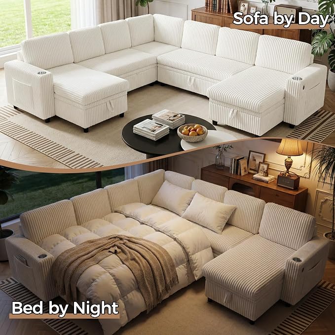 Oversized U-Shaped Sectional Sleeper Sofa for Living Room, Beige | Modular Design, Pull Out Bed, Hidden Storage Space, Soft Corduroy, USB Charging, Cup Holders, Easy Assembly