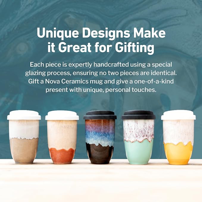 NOVA CERAMICS Travel Mug - Portable Coffee To Go Mug Microwave & Dishwasher Safe Coffee Cups Reusable - Gifts For Women Men Him Her 12oz - Lagoon