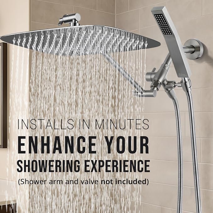 G-Promise All Metal 16 Inch Dual Square Shower Head with Handheld Spray Combo, Rain Shower Head, Adjustable Extension Arm, 3-Way Diverter, 71 Inch Extra Long Hose - A Bathroom Upgrade(Brushed Nickel)