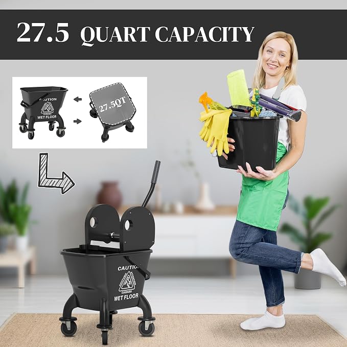HOMCOM Mop Bucket with Wringer on Wheels, 27.5 Quart, with Mop, Black | Down Press Wringer, Handle and Mop, Floor Cleaning