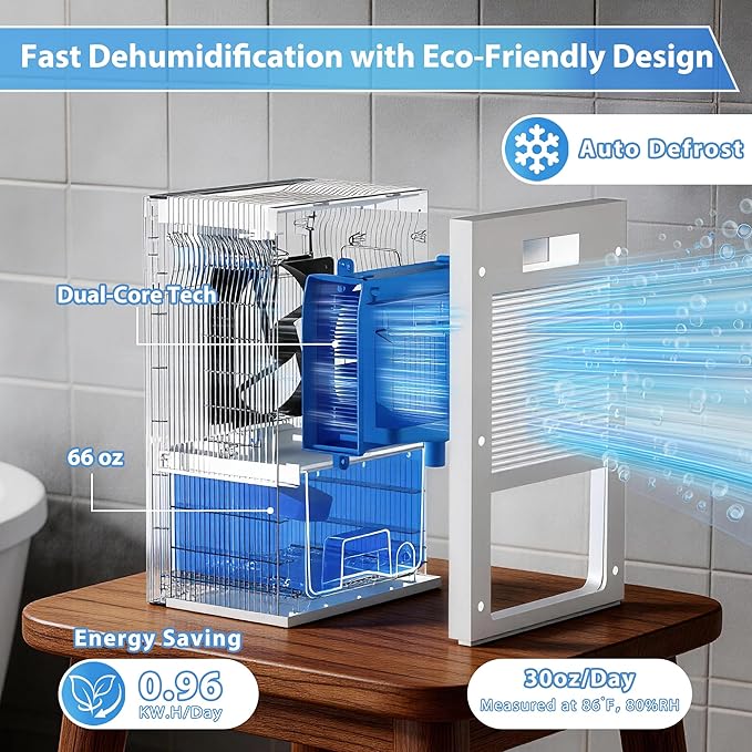 Mini Dehumidifiers for Home(650sq.ft), Small Quiet Dehumidifier with Drain Hose 66 OZ Water Tank 4 Timer Auto Defrost and Shutoff Sleep Mode, Ideal for Bathroom, Bedroom, Closet, RV