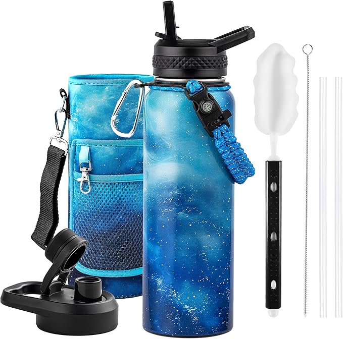 RAYMYLO Insulated Water Bottle 40 oz, Triple Wall Vacuum Stainless Steel (Cold for 36Hrs, Hot for 18Hrs), Leak Proof & Non-BPA, Modern Water Flask Jug with Paracord Handle & Straw Spout Lids