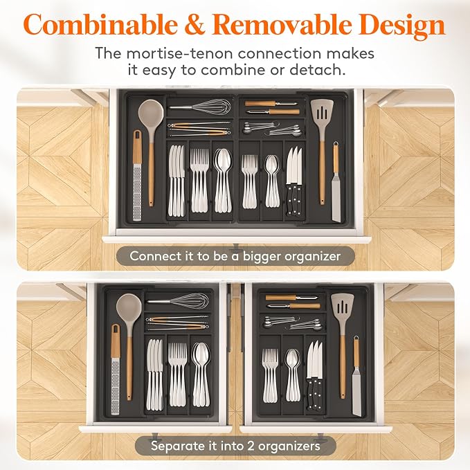 Lifewit Silverware Drawer Organizer, Expandable BPA Free Plastic Utensil Tray for Kitchen, Adjustable Flatware Cutlery Holder for Spoons Forks Knives, 18- 28 x 16.7", Black