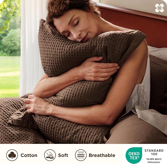 Bedsure Cotton Duvet Cover Queen Size - 100% Cotton Waffle Weave Chocolate Brown Duvet Cover Queen Size, PureWoven Breathable Bedding Set for All Season, 3 Pieces, 90"x90"