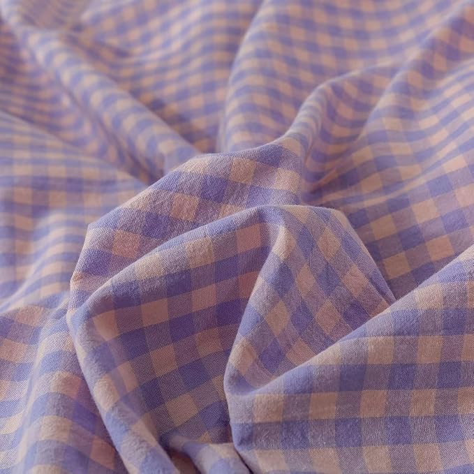 mixinni Purple Gingham Grid Duvet Cover King, 100% Washed Cotton Modern Geometric Bedding Set with 2 Pillowcases, Farmhouse Style Yellow Plaid Comforter Cover Set for Men & Women, Soft & Lightweight