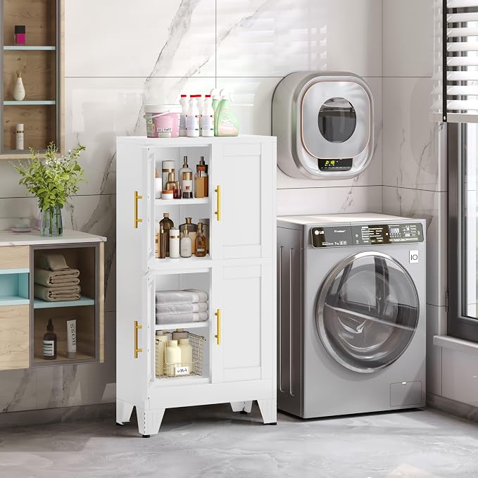 GAIOUS 47.25" Metal Pantry Cabinet, White Storage Cabinets with 4 Door | and 2 Adjustable Shelves, Steel Bathroom Cabinet,Freestanding Cupboard for Kitchen Dining Living Room Bathroom,Floor Cabinet