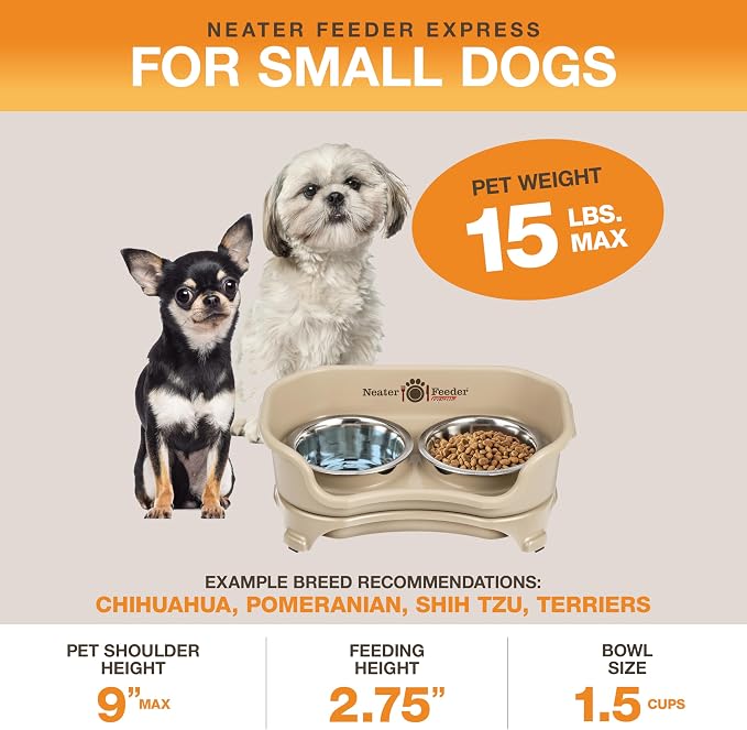 Neater Feeder Express Mess Proof Dog Bowls Elevated for Small Breeds Under 15 Lb, Made in USA, No Spill Raised Dog Food Bowl Stand, Stainless Steel Food and Water Bowl Set, Feeding Station, Almond