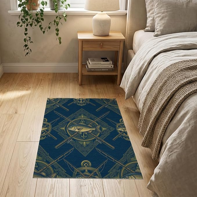 2'x3' Washable Area Rug Bass Nautical Wildlife Icons Lure Tackle Motif Border Fish Fishing Refined for Entryway, Kitchen, Laundry Room, Stain Resistant Thin Throw
