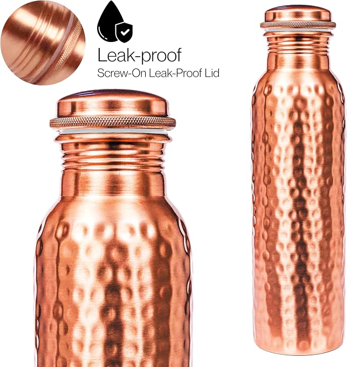 Alpha Living Home Copper Water Bottle 32 Oz Extra Large, Real Copper Water Bottle, Pure Drinking Bottle, Hammered Ayurvedic Bottle for Drinking Water, Leak Proof Vessel Cap with Cleaning Brush
