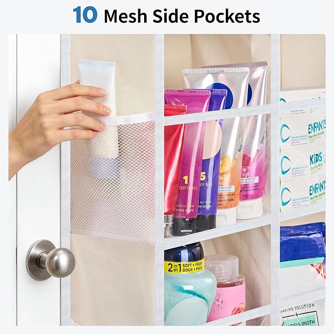 JARLINK Over the Door Organizer, Extra Large Storage for Bedroom, Beige | Anti-Tilt 100 lb Load Capacity, Hanging Door Organizer with 5 10 Mesh Pockets, Behind Door Storage for Bathroom, Nursery