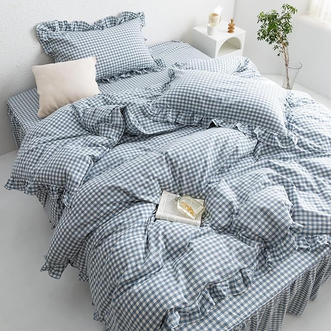 mixinni Blue White Gingham Ruffle Duvet Cover Queen Size 3 Pieces – 100% Washed Cotton, Vintage Plaid Ruffled Bedding Set with Zipper Ties, Soft Checkered Grid Farmhouse Chic Comforter Cover Set