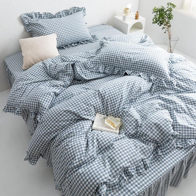 mixinni Blue White Gingham Ruffle Duvet Cover Twin XL Size 3 Pieces – 100% Washed Cotton, Vintage Plaid Ruffled Bedding Set with Zipper Ties, Soft Checkered Grid Farmhouse Chic Comforter Cover Set