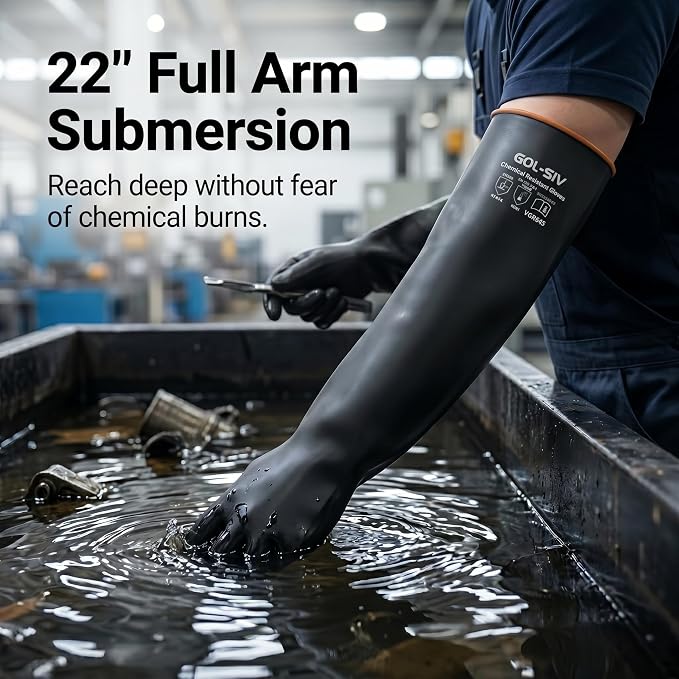 Heavy Duty Latex Gloves, Chemical Resistant Work Gloves - Waterproof, Resist Acid, Oil, Alkali - Extra Long Industrial Rubber Safety Glove for Sandblasting & Deep Tank, 22in, 6 Pairs