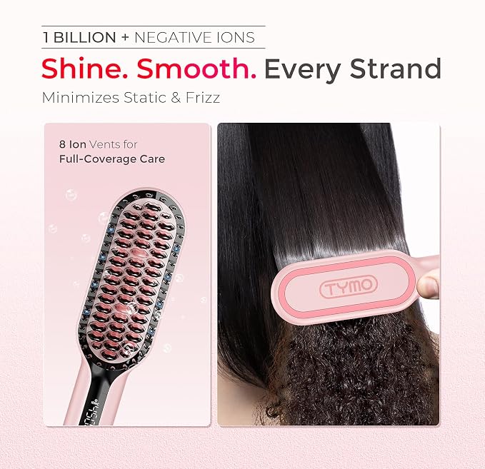 TYMO Hair Straightener Brush, Upgraded Ionic Compact Straightening Brush for Women with Wave-Design Bristles, Fast, Smooth Styling, Lightweight Hot Comb & Travel Flat Iron, 1 Billion Ions, Pink