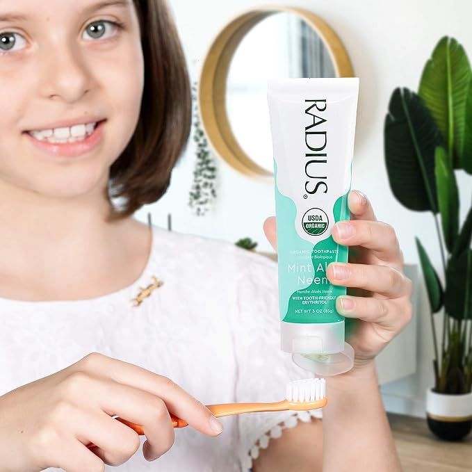 RADIUS USDA Organic Toothpaste 3oz Non Toxic Chemical-Free Gluten-Free Designed to Improve Gum Health & Prevent Cavity - Mint Aloe Neem - Pack of 6
