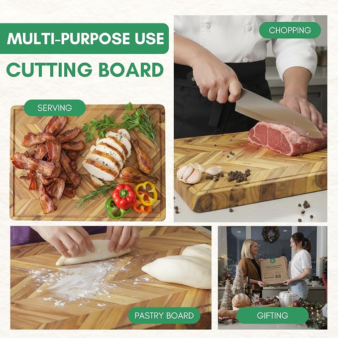 Herringbone Acacia Wood Cutting Boards for Kitchen, 1.5 in Thick Butcher Block Construction for Stability, 20 x 15 in Large Cutting Boards with Gift Box, Juice Groove and Handle