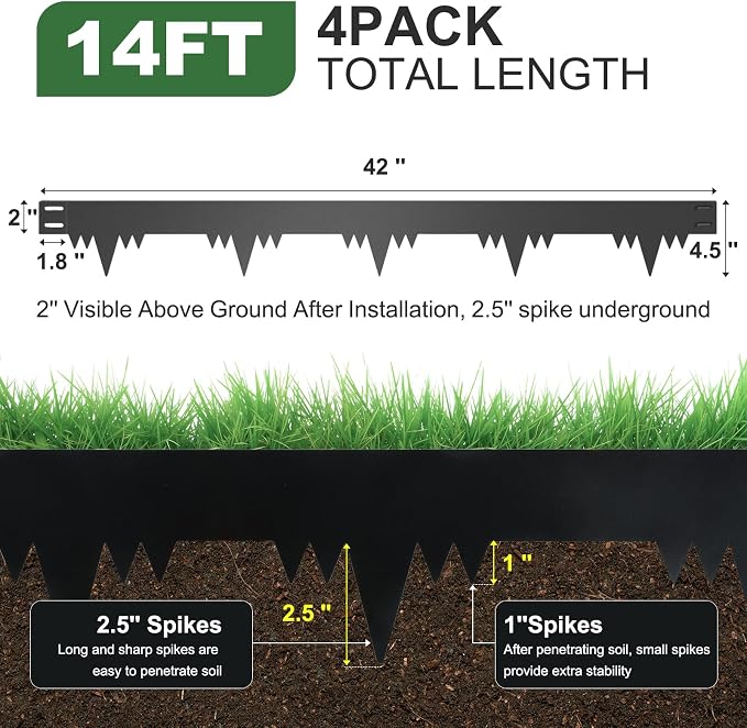Metal Landscape Edging Border 4 Packs 42'' L x 4.5'' H, Galvanized Steel Garden Edging Border with 4 Stakes, Hammer-in Lawn Edging for Landscaping, Flower Bed, Yard, Pathway, Tree Ring (14ft Total)