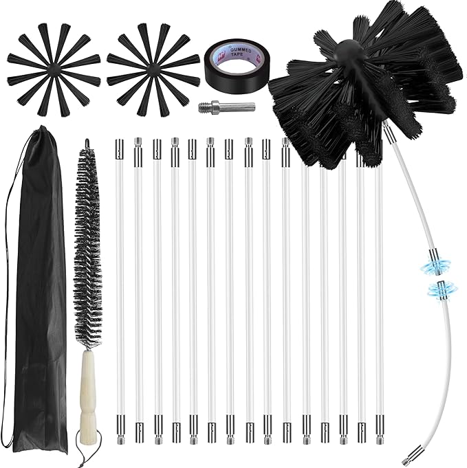 20Feet Chimney Sweep Kit,6 in Brush Head,Dryer Vent Cleaner Kit, Chimney Sweep&Chimney Cleaning Kit, Rotary Chimney Cleaning System for Flue/Fireplace/Sewage Pipe/Hood with 15 Nylon Flexible Rods
