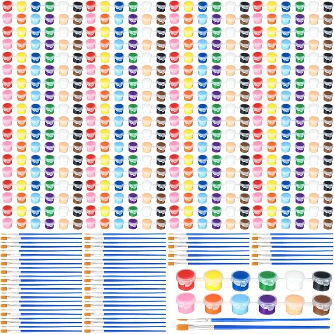 Qilery 840 Pcs Mini Acrylic Paint Set 60 Set 12 Colors Washable Paint Strips 60 Pcs Flat Brushes 60 Pointed Brushes for Arts Crafts Birthday Party Favors(3 ml)
