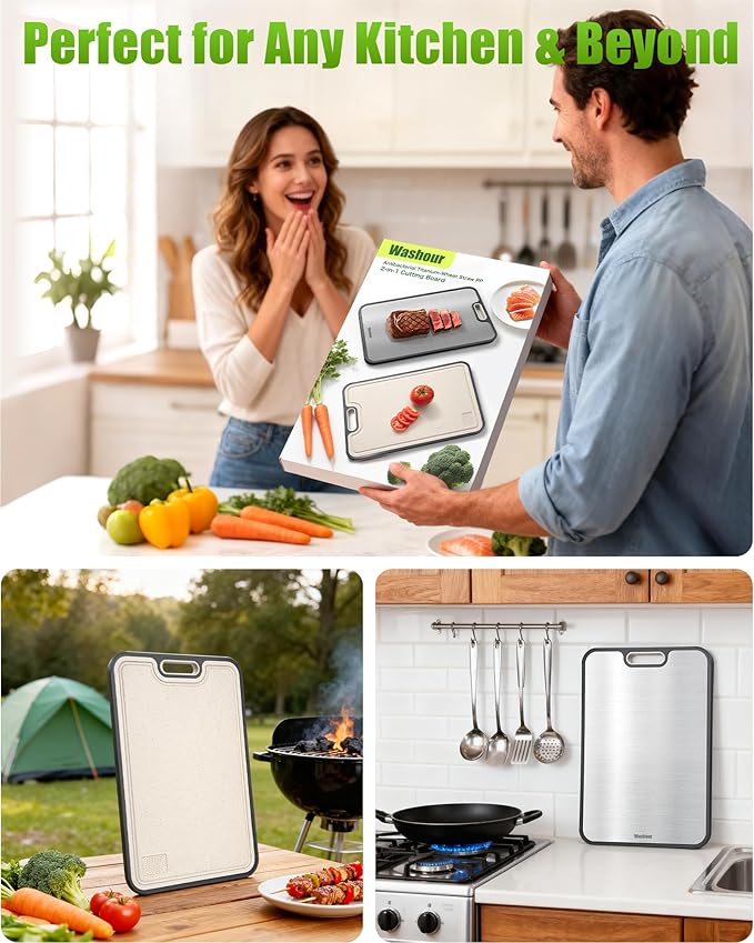 Non Toxic Titanium Cutting Board for Kitchen, Food Grade Titanium Cutting Boards 2 in 1 Double Sides, Non Slip Cutting Mat (18”×16” + 16”×11”)