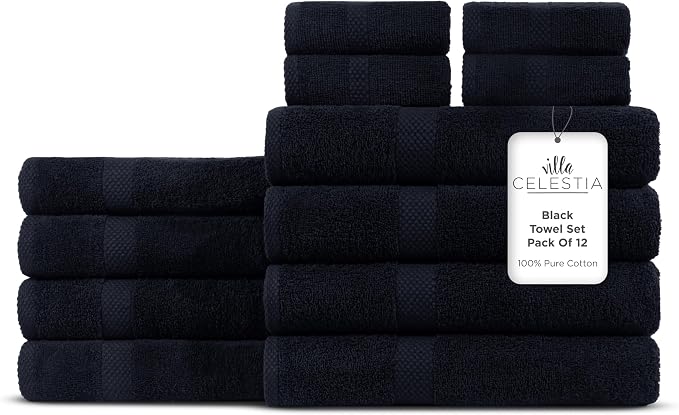 Villa Celestia 12-Piece 100% Cotton Towel Set, 4 Bath Towels, 4 Hand Towels, 4 Wash Cloth, Quick-Dry, Black