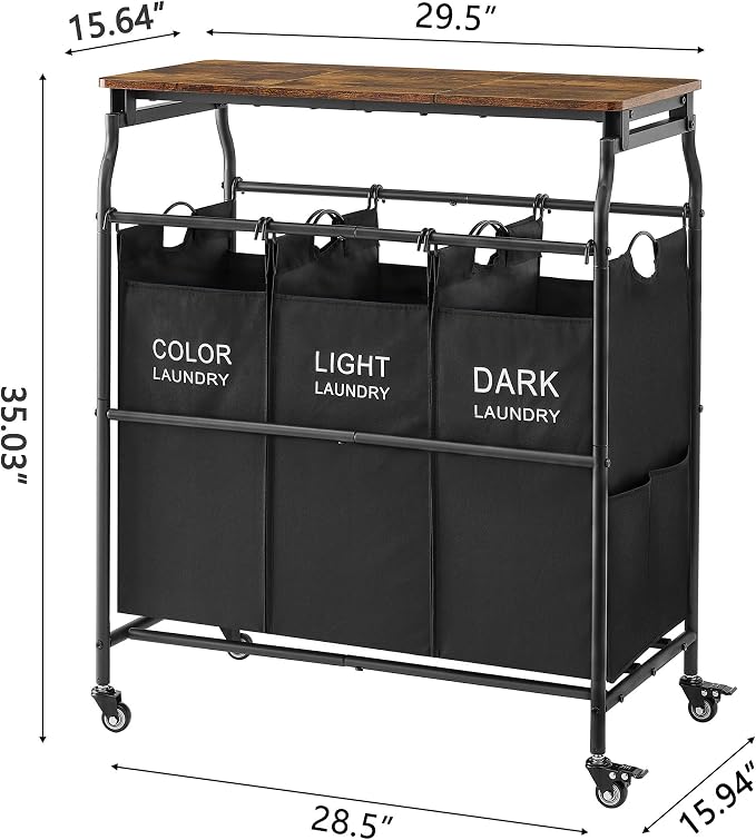 Hoctieon 3 Section Laundry Sorter with Iorning Board, Laundry Hamper, Black | Lockable Wheels, Laundry Basket Organizer with Wheels, Heavy Duty Clothes Organizer, Large Clothes Separator, Removable Bags