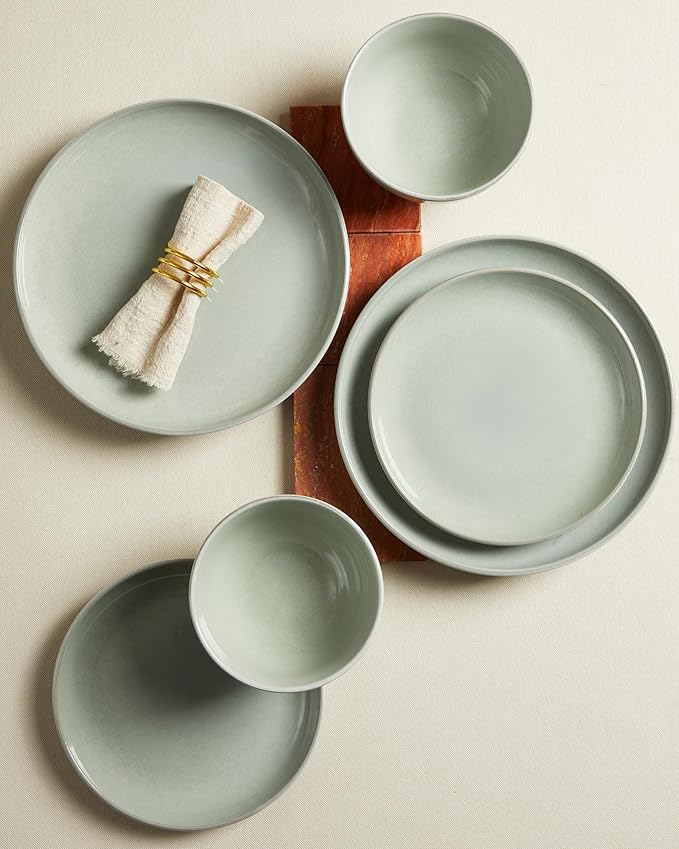 Pokini Santorini Mist Terracotta Reactive Glaze Plates and Bowls Sets, Stoneware Dinnerware Sets, Microwave and Dishwasher Safe Ceramic Dish Set Service for 4, Slate Green