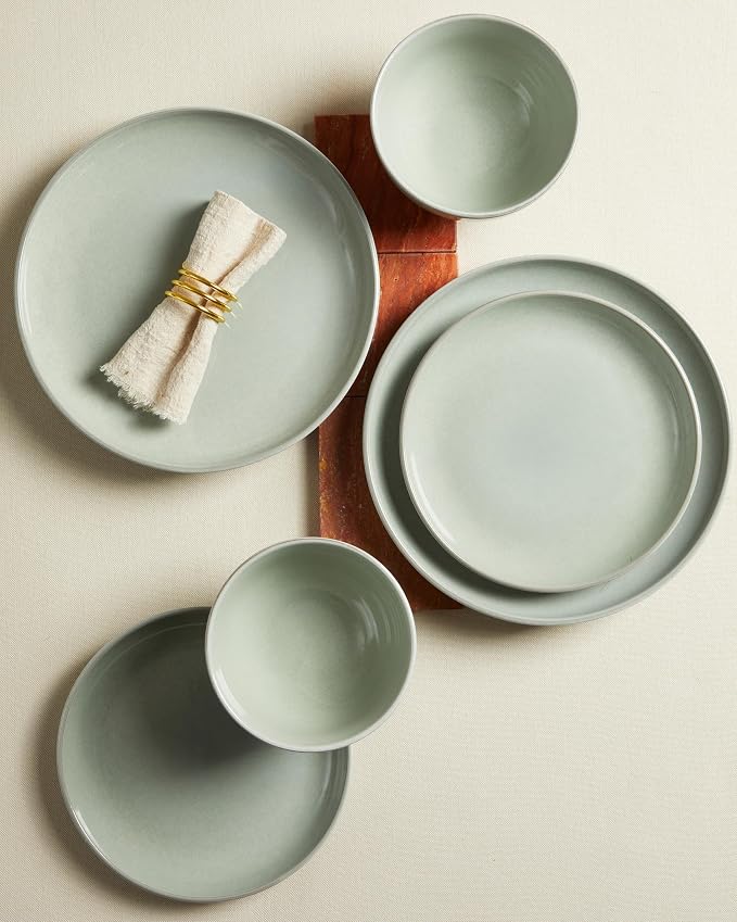 Pokini 18 Piece Dinnerware Set for 6, Reactive Glaze Terracotta Plates and Bowls Set, Large Family-Sized Stoneware Dish Set for Gatherings, Chip and Scratch Resistant, Slate Green
