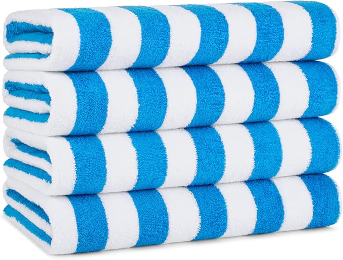 Arkwright California Cabana Stripe Beach Towel - Pack of 4, Large Soft Quick Dry 100% Cotton Terry Towels Set for Pool, Swim, and Hot Tub, Oversized 30 x 70 in, Blue
