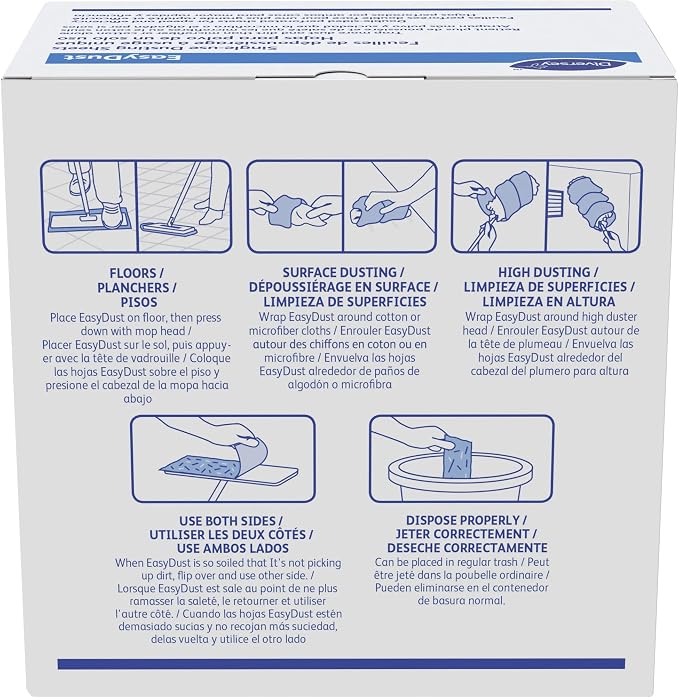 Diversey 9292466 EasyDust Single-use Dusting Sheets, Disposable Multisurface Cleaning Wipes for Floors, Dust Wipes Trap Dirt, Unscented 5x6-inch Sheets, 250-Sheets, 1-Box (Pack of 6)