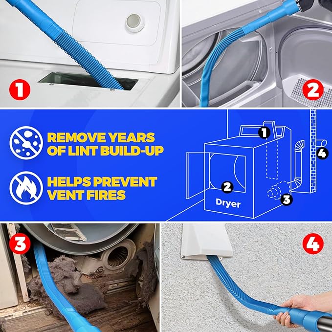 Holikme Dryer Vent Cleaner Kit Dryer Cleaning Tool Include Dryer Vent Brush, Omnidirectional Blue Dryer Lint Vacuum Attachment Dryer Lint Trap Brush, Vacuum & Dryer Adapters