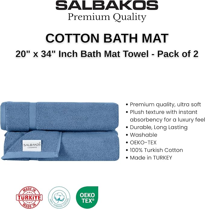 SALBAKOS 2-Piece 100% Turkish Cotton Bath Mat Towel, 20x34 inch, Blue | Bathroom Floor Towels, Thick Soft Most Absorbent Quick-Dry Durable Large Size Foot Rug, Premium Hotel Quality Made in Turkey