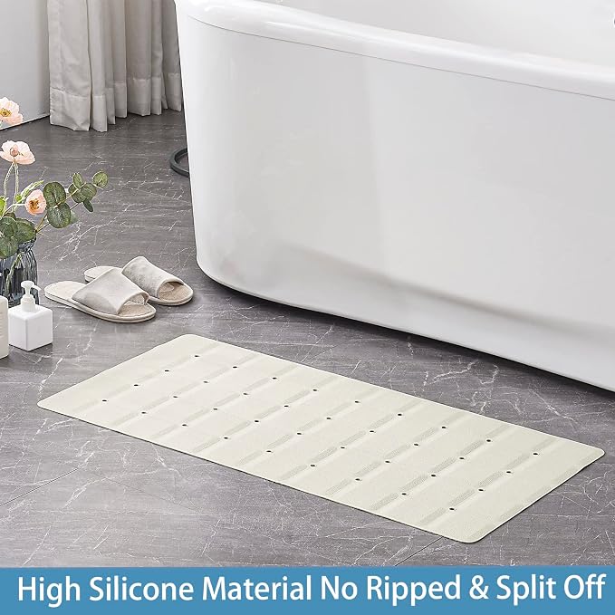 Webos Foldable Silicone Bathtub Mat: Jumbo Size Heavy Duty Safety Bath Mat for Tub Without Suction Cups Non Slip Bath & Shower Mat for Textured, Reglazed, Refinished Tub (Beige, 35.8 x 17.7)